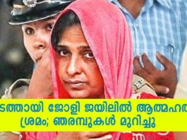 കൂടത്തായി കേസിലെ മുഖ്യപ്രതി ജോളി ജയിലിൽ ഞരമ്പുകൾ മുറിച്ച് ആത്മഹത്യക്ക് ശ്രമിച്ചു..!!