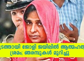 കൂടത്തായി കേസിലെ മുഖ്യപ്രതി ജോളി ജയിലിൽ ഞരമ്പുകൾ മുറിച്ച് ആത്മഹത്യക്ക് ശ്രമിച്ചു..!!