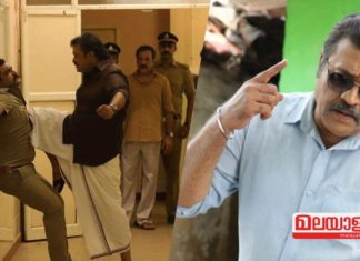 മുട്ടുമടക്കി പോലീസുകാരന്റെ നെഞ്ചത്ത് കേറ്റി സുരേഷ് ഗോപി; വൈറലായി കാവൽ ലൊക്കേഷൻ സ്റ്റിൽ..!!