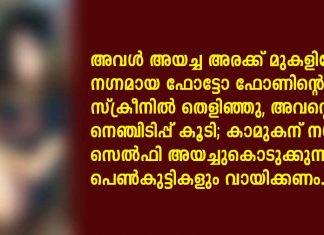 അവള് അയച്ച അരക്ക് മുകളിലോട്ട് നഗ്നമായ ഫോട്ടോ ഫോണിന്റെ സ്ക്രീനില് തെളിഞ്ഞു, അവന്റെ നെഞ്ചിടിപ്പ് കൂടി; കാമുകന് നഗ്ന സെല്ഫി അയച്ചുകൊടുക്കുന്ന എല്ലാ പെണ്കുട്ടികളും വായിക്കണം..!!